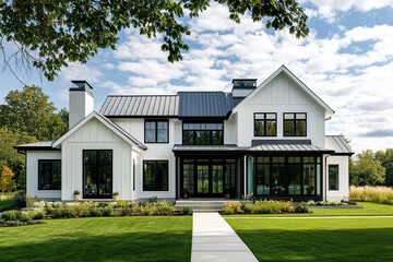 Obraz premium A stunning white farmhouse with black accents, showcasing large windows and an open concept layout on the main floor. The roof is made of high-quality metal that reflects light beautifully.