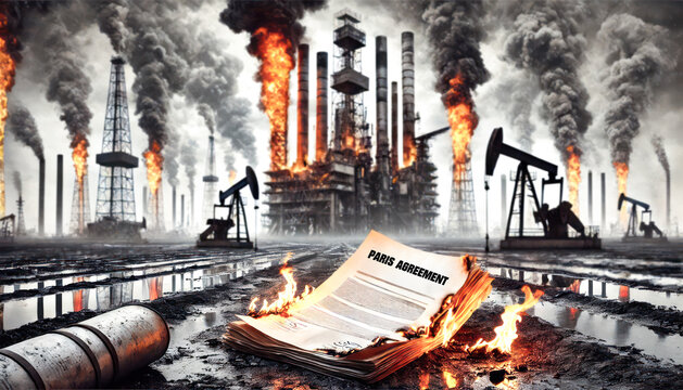 Oil field with symbolic burning Paris climate agreement. Withdrawal from the Paris climate agreement