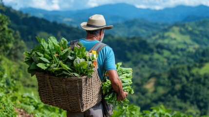 hardworking farmer stands with a woven basket of fresh vegetables, gazing out at the lush green hills under a clear blue sky on a sunny day in the countryside