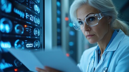 medical professional examines patient information displayed on a digital interface, showcasing her focused expression in a modern healthcare environment during the evening