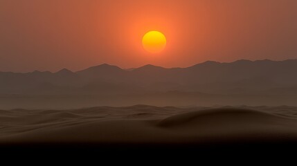 Obraz premium The sun sets over rolling sand dunes, painting the sky in vibrant orange and soft purple hues