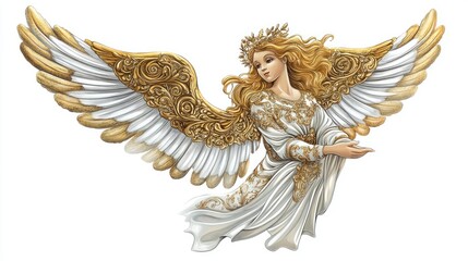 Fototapeta premium A Christmas tree topper angel, detailed illustration, vintage gold and white design, isolated on white background -