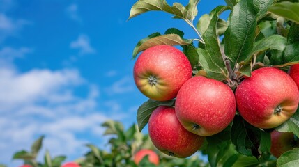 Obraz premium Ripe red apples dangle from green branches in a vibrant orchard under a clear blue sky filled with fluffy clouds, indicating the peak of the harvest season