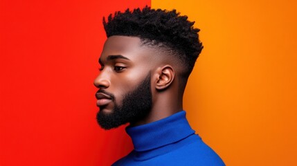 Obraz premium A young man with a neatly styled beard and hair stands in profile, showcasing a modern haircut, set against a striking orange and red backdrop in a well-lit studio