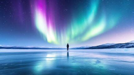 Stunning aurora lights over a frozen lake.