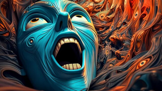 Screaming blue alien enveloped by a multitude of eyes