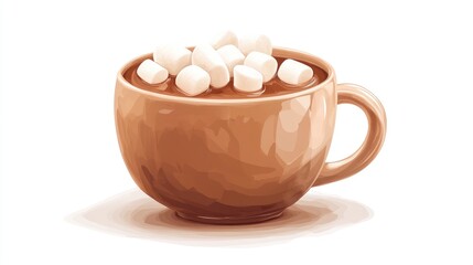 A cup of hot cocoa, holiday beverage, photorealistic illustration, topped with marshmallows, isolated on white background