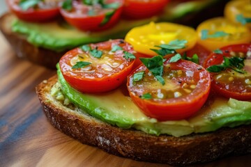 Close-up of avocado toast with cherry tomatoes and fresh herbs on wooden platter