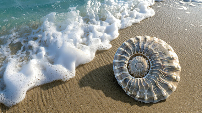 Giant ammonite shell rests on ancient sand as gentle waves lap the shore under a bright blue sky