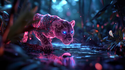 Cybernetic Panther with Glowing Eyes in Jungle