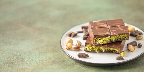 Dubai chocolate  with green kataifi and pistachio paste. Trend dessert