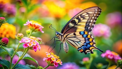 Obraz premium Colorful butterfly nectaring from flowers in garden, with blurred background depth of field