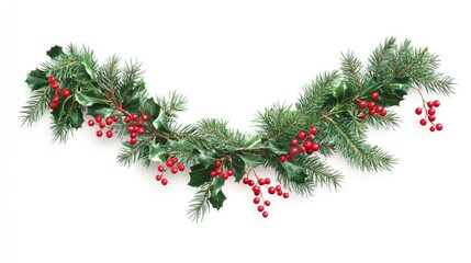 A holiday garland, festive decoration, lush evergreen with red berries, hyper-realistic style, isolated on white background