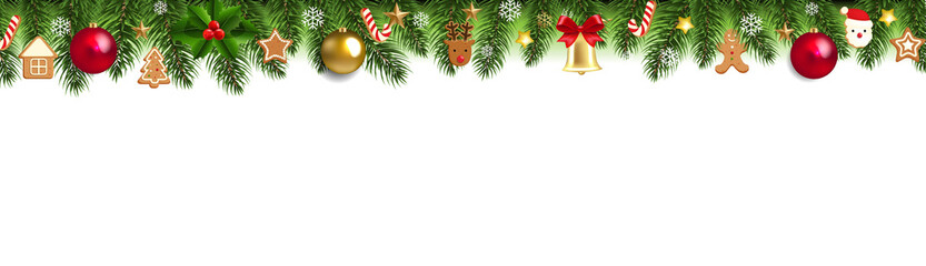 Christmas Border With Fir Tree And Xmas Toys White background