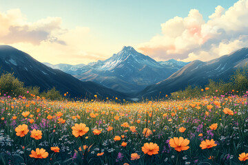 Vibrant Wildflowers Bloom Before Majestic Mountain Peaks