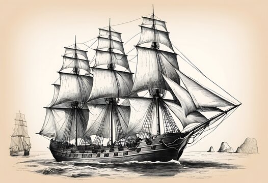 Barque hand drawing engraving style,Vintage barque isolate on old paper background