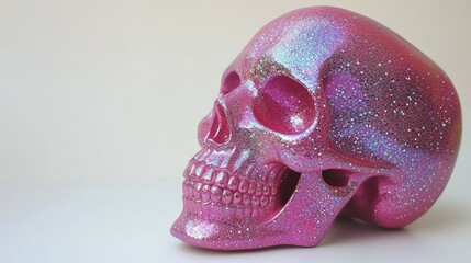 A sparkling pink skull sculpture shines with glitter, adding a playful touch to any space