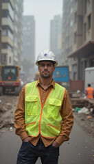 Construction worker in safety vest and helmet, posing confidently amidst an urban construction site

