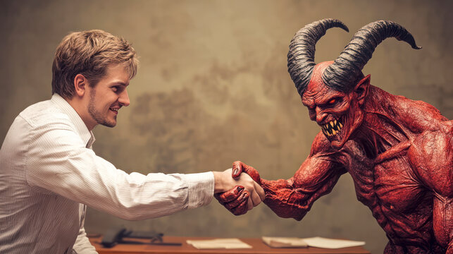 Greedy manager sell his immortal soul to red devil for money and success