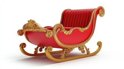 A sleigh, holiday transportation, 3D illustration, bright red with gold accents, isolated on white background 