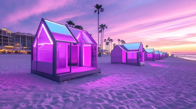 Neon Beach Cabins at Sunset A Row of Illuminated Glass Structures on the Beach, Bathed in a Purple Glow, with Palm Trees and a Soft Pink Sky in the Background - Powered by Adobe