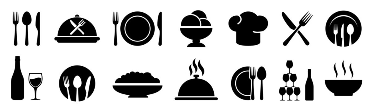 Food icons set, plate, fork, knife and spoon, set logotype menu, cutlery icon, tableware sign, catering icons, restaurant signs