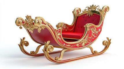 A sleigh, holiday transportation, 3D illustration, bright red with gold accents, isolated on white background 