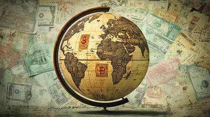 Obraz premium A globe featuring various currency symbols representing global economics and international finance