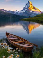 Obraz premium Sunset boat ride reflection lake surrounding matterhorn nature landscape tranquil view