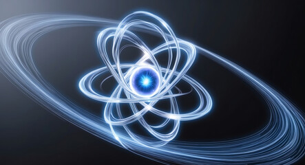 3D animation of an atom with glowing orbits and a bright nucleus. Close-up of a futuristic atom model with spinning electron orbits. Dynamic visualization of an atom with shimmering electron paths