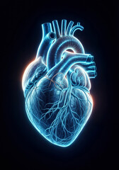 Futuristic Digital Visualization of Human Heart with Glowing Blue Neon Lighting on black background