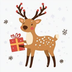 Fototapeta premium Adorable Reindeer with Christmas Gift in Snowy Scene