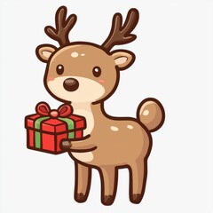 Cute Cartoon Reindeer Holding a Christmas Gift
