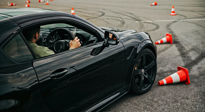 Sports car Handling Obstacle Course with Traffic Cones on Asphalt