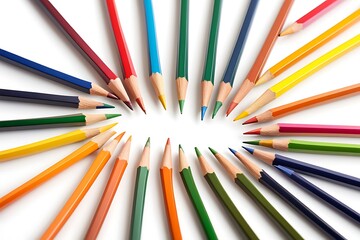 Fototapeta premium Multicolor colored pencils or crayons on white paper background.