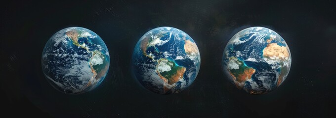 Three Earth Globes in Space, Depicting the Planet From Different Angles