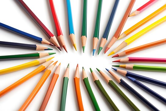 Multicolor colored pencils or crayons on white paper background.