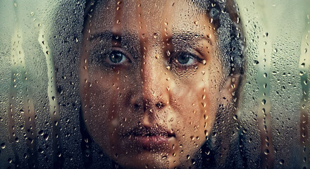 Pensive Woman Gazing Through Rain-Soaked Window with Reflections
