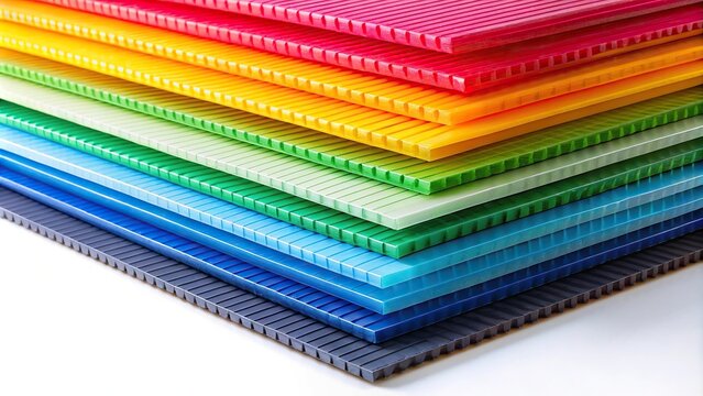 Colorful corrugated plastic sheets in a stack isolated on white background
