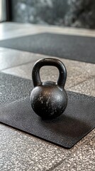 Fototapeta premium Black Kettlebell on a Mat - Fitness Equipment for Strength Training