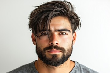 Obraz premium A man with a beard and a shaved head is wearing a gray shirt. He has a serious expression on his face