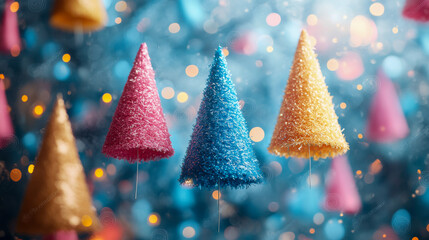 Colorful christmas tree decorations hanging against festive bokeh background