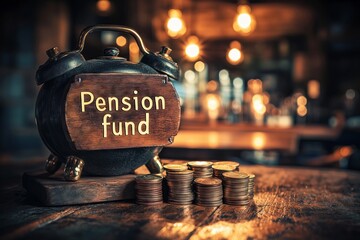 A black box with the word pension fund written on it. There are coins on top of the box. Concept on the topic of pension fund and savings