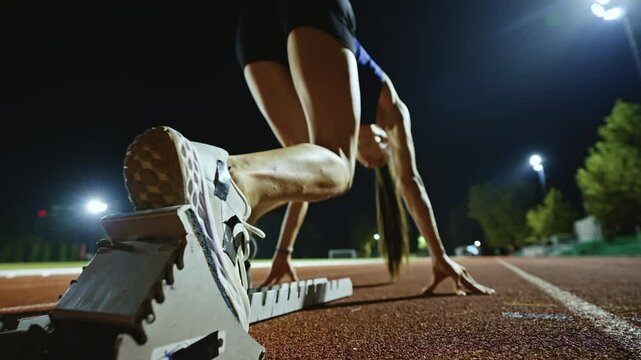 Female Runner on Athletics sprint race starting blocks on a dark background