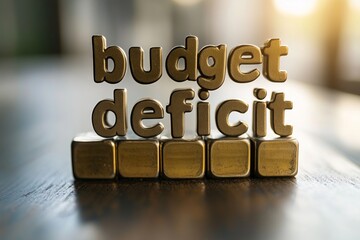 A group of letters spelling out the word "budget deficit" in a gold font. The letters are arranged in a way that they form a block, with each letter standing on top of the other