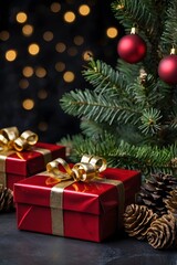 Obraz premium Wrapped presents with holiday-themed decorations and ribbons. 