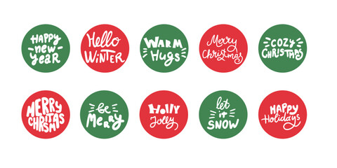 Merry Christmas tree Happy New Year simple lettering set. Calligraphy card sticker graphic design element. Hand written sign. Photo overlay Winter Holidays vector. Santa Bright Days Holly Jolly world 