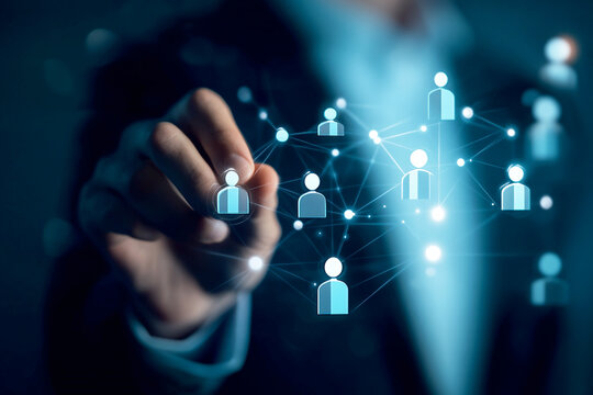 An image of human resource management in action, showcasing a business professional hand interacting with a digital interface. hand is selecting or pointing at candidate profiles on a digital screen