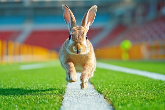 A humorous illustration of a hare in a sporty uniform running across a stadium track. The hare is in mid-stride, with a determined expression, capturing the spirit of competition