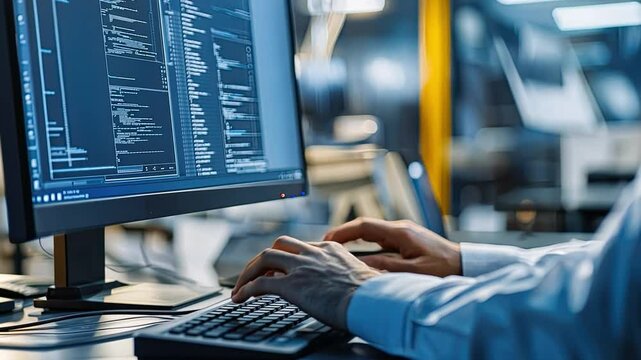 Code in Progress: Hands typing on keyboard, focused on lines of code displayed on a large computer monitor.  A close-up shot emphasizing the intricate process of software development. 